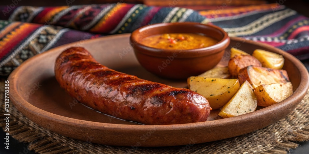 Savory grilled sausage with roasted potatoes and spicy sauce served on traditional plate