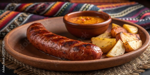 Obraz na płótnie Savory grilled sausage with roasted potatoes and spicy sauce served on traditional plate w salonie