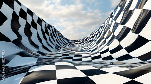 Abstract Checkered Flag Landscape Wavy Black and White Pattern Under a Cloudy Sky