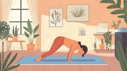 A woman is practicing yoga inside a sunlit living room