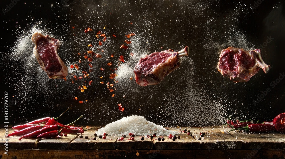 Obraz premium Three raw lamb chops levitating with spices.