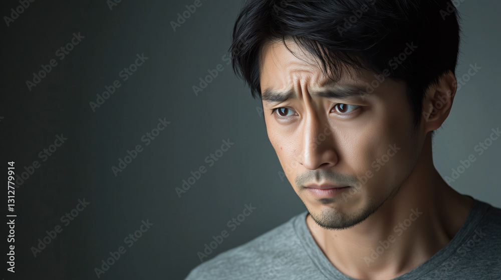 Fototapeta premium East Asian Man in His Early 30s Looking Sad, with a Soft Frown and Downcast Eyes, Against Solid Gray Background