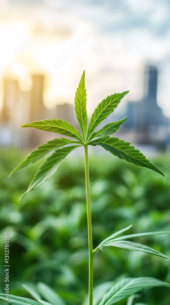 Obraz premium Close-up of vibrant cannabis seedling growing in rural field, sunset city skyline blurring behind verdant green leaves