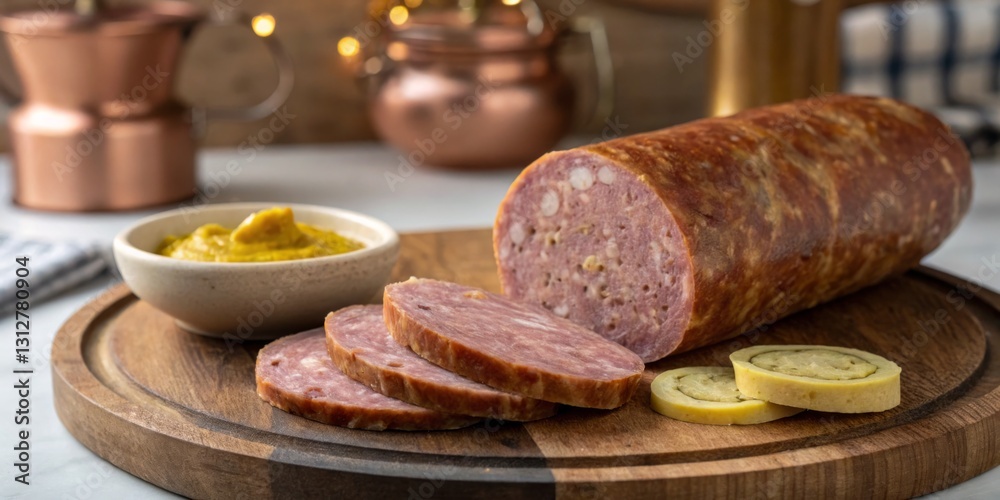 Sliced meat delicacy served on a wooden board with mustard and pickles in cozy kitchen setting