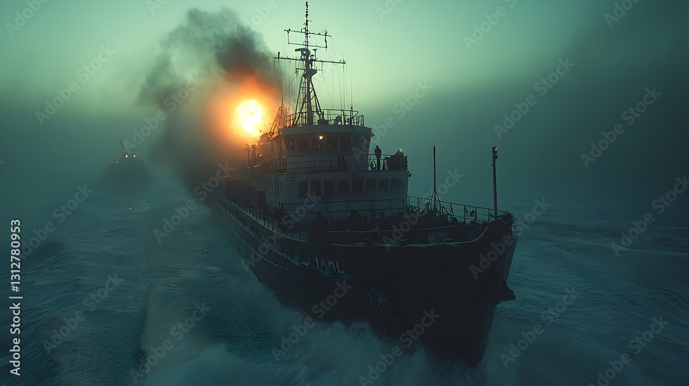 Fototapeta premium Two ships sailing in foggy sea at sunrise.