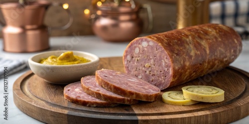 Sliced meat delicacy served on a wooden board with mustard and pickles in cozy kitchen setting