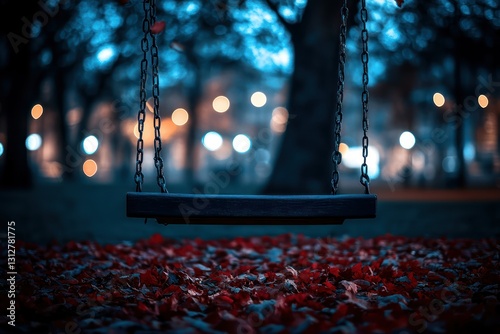 Empty swing set in autumn park at night