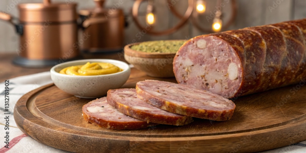 Deliciously prepared charcuterie featuring gourmet sausage slices served with mustard and green condiment
