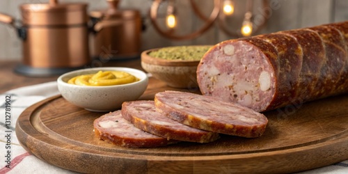 Obraz na płótnie Deliciously prepared charcuterie featuring gourmet sausage slices served with mustard and green condiment w salonie