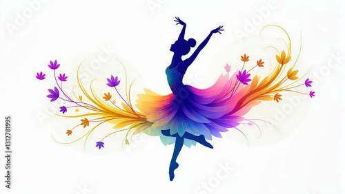 Digital illustration of a ballerina silhouette mid-leap, with a dress in vibrant watercolor rainbow tones for an artistic and graceful design.