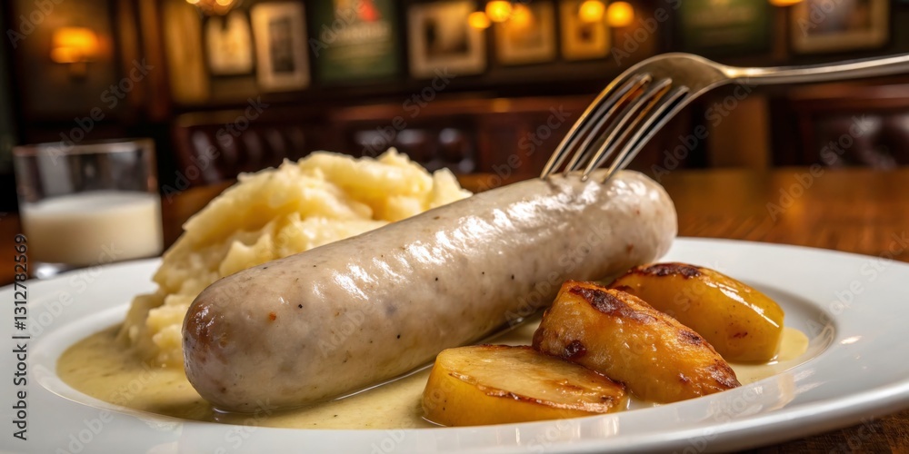 Delicious sausage served with creamy mashed potatoes and honey-glazed carrots in a warm restaurant setting