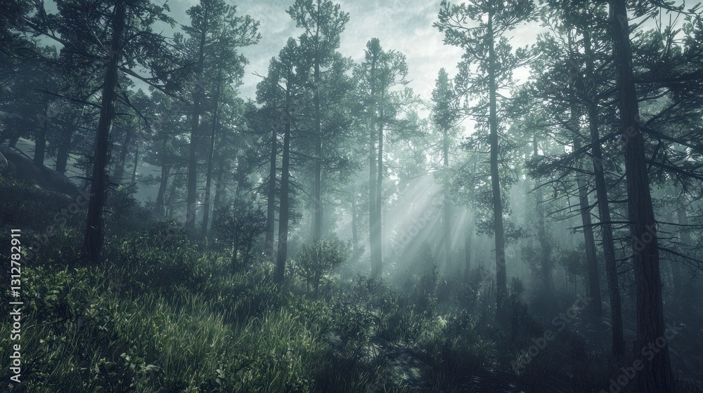 Obraz premium Sunbeams pierce misty pine forest.