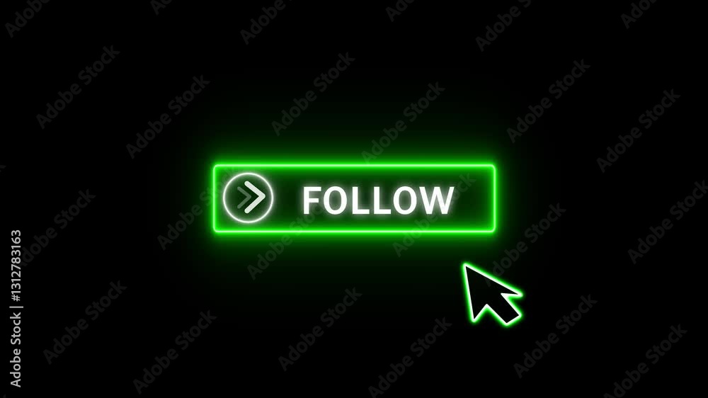 Glowing neon green color white text cursor animation pointing towards follow button in looping with transparent background