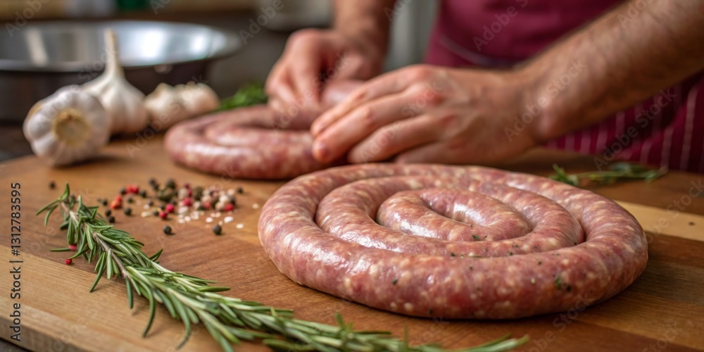 Freshly prepared sausage on a wooden cutting board with herbs and garlic