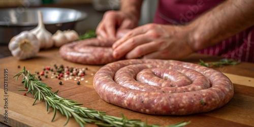 Obraz na płótnie Freshly prepared sausage on a wooden cutting board with herbs and garlic w salonie
