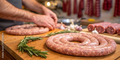 Artisan sausage making process in a rustic kitchen with fresh herbs and meats at dusk