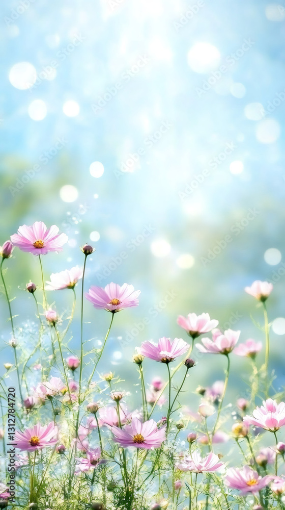 Pink cosmos blossoming in sunlit meadow, soft bokeh rendering delicate petals against azure sky backdrop Pink cosmos blossoming in sunlit meadow, soft bokeh rendering delicate petals against azure sky backdrop