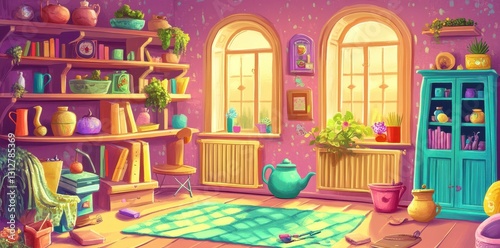 An inviting and brightly colored interior scene is well decorated