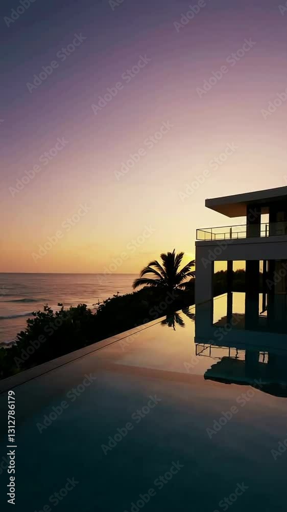 Luxury seaside villa at sunset with infinity pool overlooking ocean horizon Luxury seaside villa at sunset with infinity pool overlooking ocean horizon