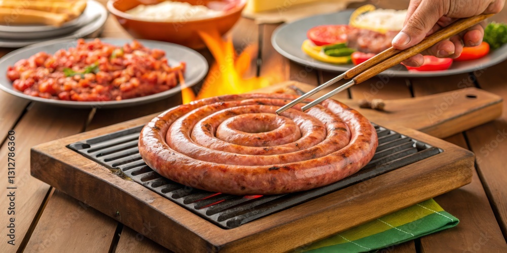 Sausages grilling on a barbecue with vibrant side dishes during a summer gathering in a backyard
