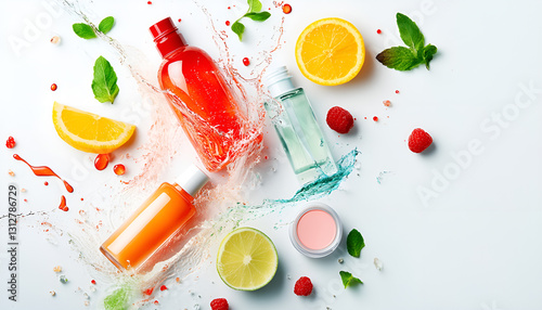 Various cosmetics in the air on a white background