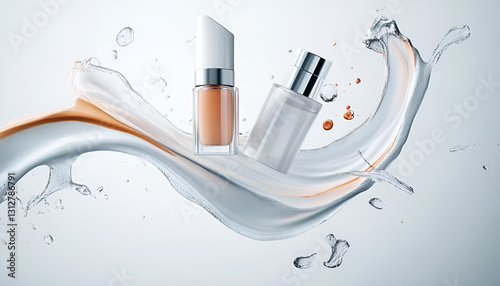 Various cosmetics in the air on a white background