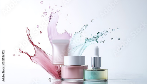 Various cosmetics in the air on a white background