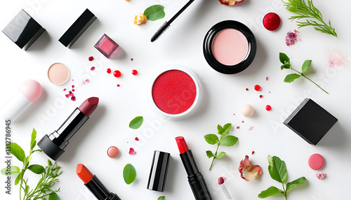 Various cosmetics in the air on a white background