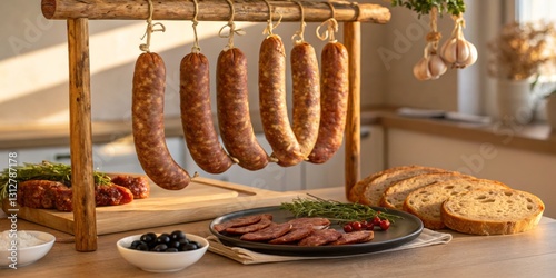 Obraz na płótnie Traditional sausage preparation in rustic kitchen with herbs and artisan bread during late afternoon light w salonie