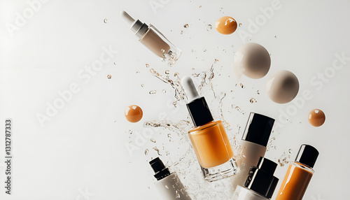 Various cosmetics in the air on a white background