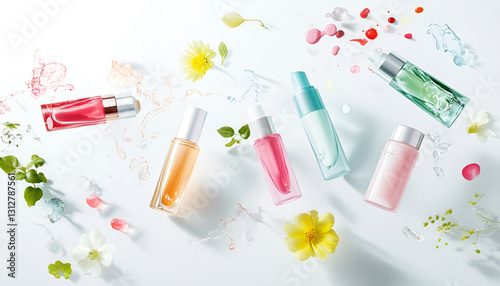 Various cosmetics in the air on a white background