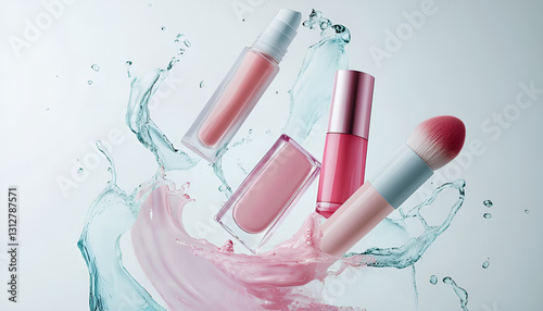 Various cosmetics in the air on a white background