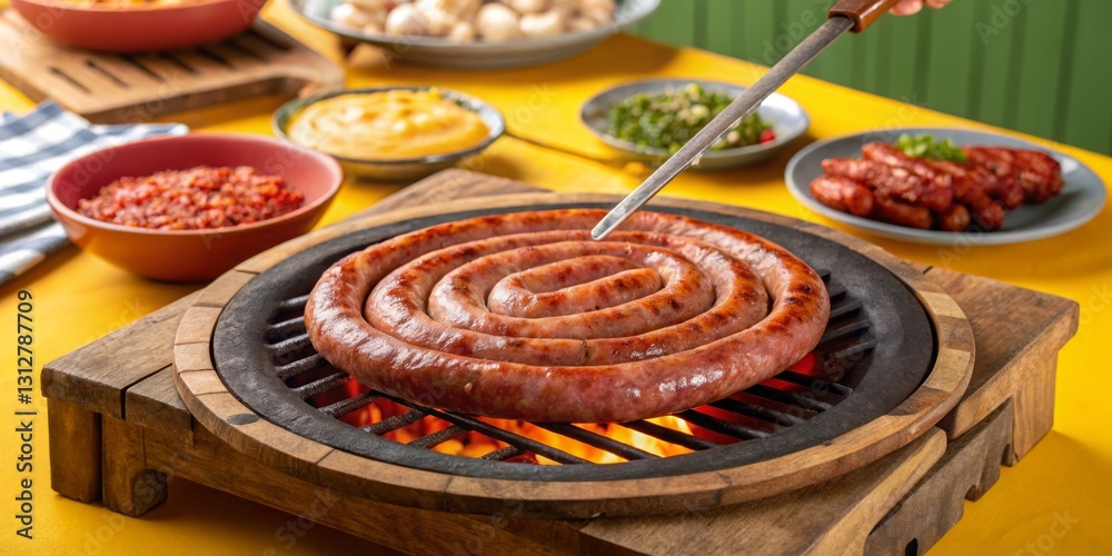Grilling spiral sausage on a barbecue with side dishes at a colorful outdoor gathering