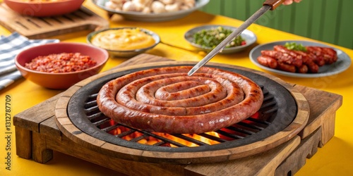 Obraz na płótnie Grilling spiral sausage on a barbecue with side dishes at a colorful outdoor gathering w salonie
