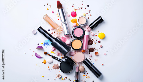Various cosmetics in the air on a white background