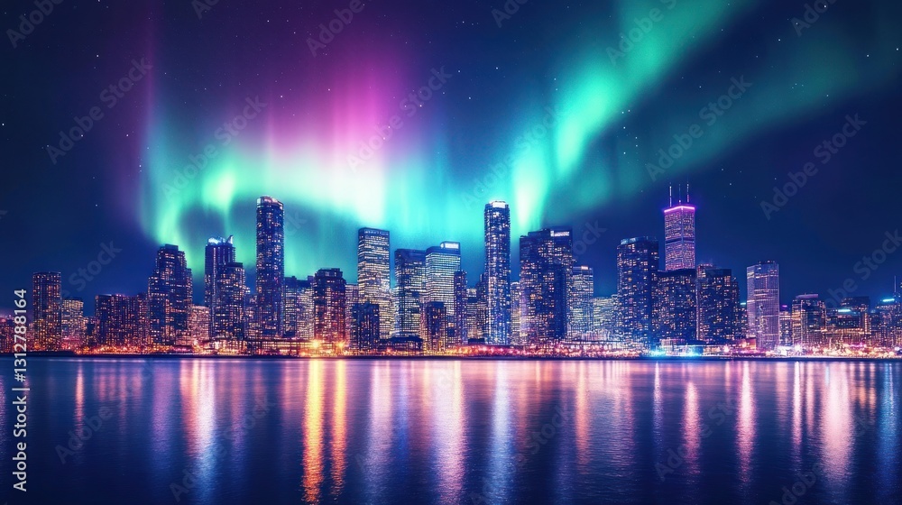 Fototapeta premium Aurora Borealis over Toronto Cityscape at Night