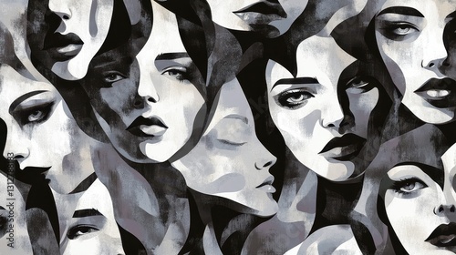 An abstract collage of faces set against a black and white background, creating a dramatic and moody wallpaper illustration.