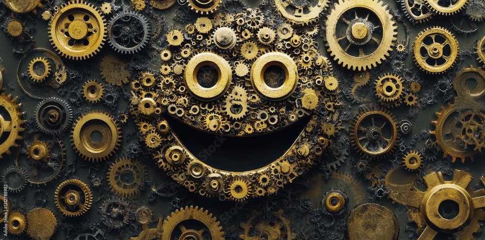 An abstract art composition displaying a smiling gear face design An abstract art composition displaying a smiling gear face design