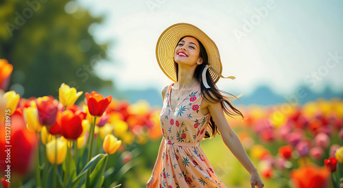 Young woman with long dark hair in a light floral dress and straw hat, smiling joyfully with arms outstretched in a field of colorful tulips under the spring sun.