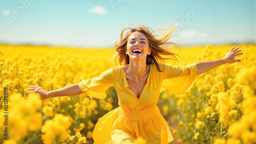 Full-length portrait of a smiling blonde woman in a yellow dress running with arms outstretched through a field of yellow flowers under a radiant sunny sky.