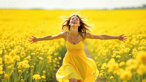 Young woman in a yellow sundress standing in a field of bright yellow flowers with arms outstretched and head tilted back, radiating happiness and joy in the summer sun.