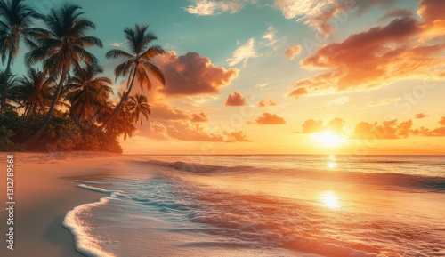 Tropical beach sunset, palm trees, ocean waves, golden hour