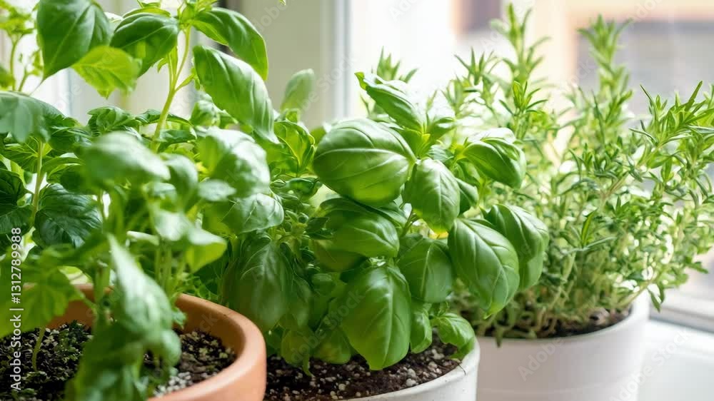 Vibrant basil and rosemary thrive in pots by a sunny window, showcasing the benefits of indoor herb gardening Vibrant basil and rosemary thrive in pots by a sunny window, showcasing the benefits of indoor herb gardening