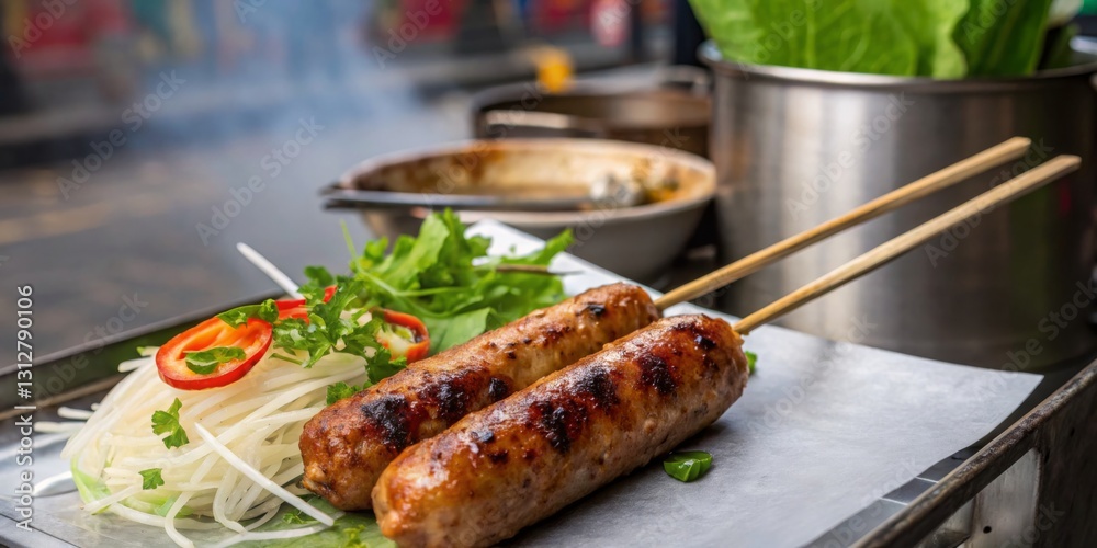 Grilled sausages served with fresh vegetables in a vibrant street food market