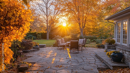 Autumnal sunset illuminates patio furniture on stone patio.