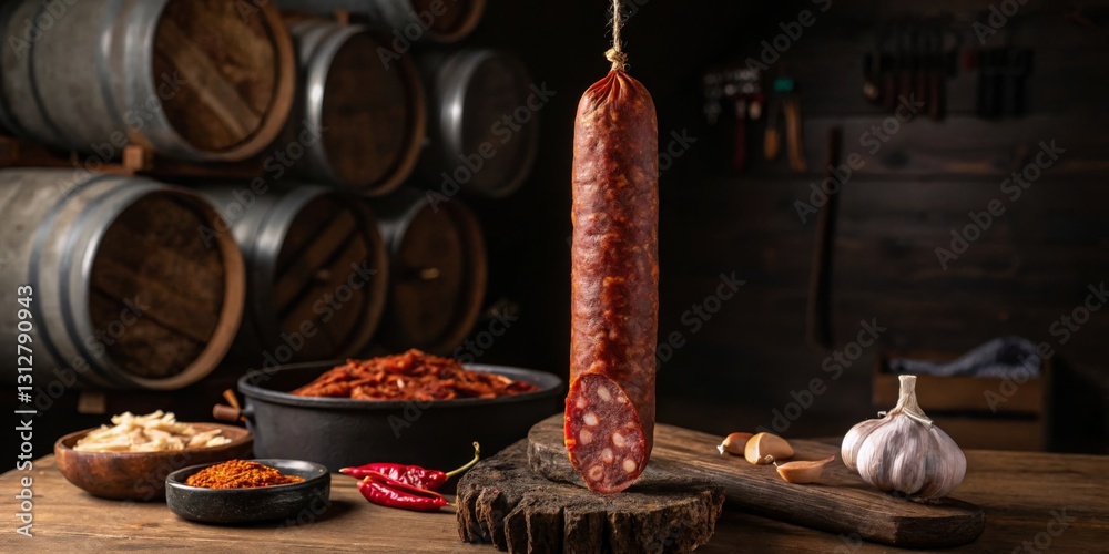 Traditional cured meat hanging in a rustic kitchen with spices and garlic