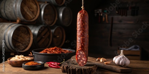 Obraz na płótnie Traditional cured meat hanging in a rustic kitchen with spices and garlic w salonie