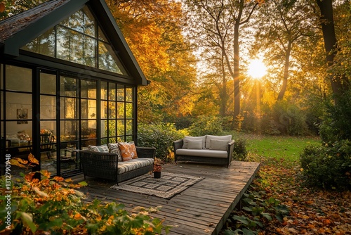 Autumnal sunset view of modern glass house with outdoor furniture on wooden deck.