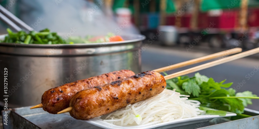 Street vendor prepares grilled meat skewers with fresh herbs and vegetables in a bustling market