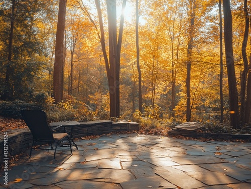 Serene autumnal patio scene with sunlit foliage and stone patio.